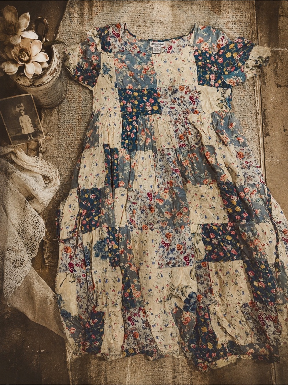 Vintage Floral Patchwork Dress - Blue & Cream
